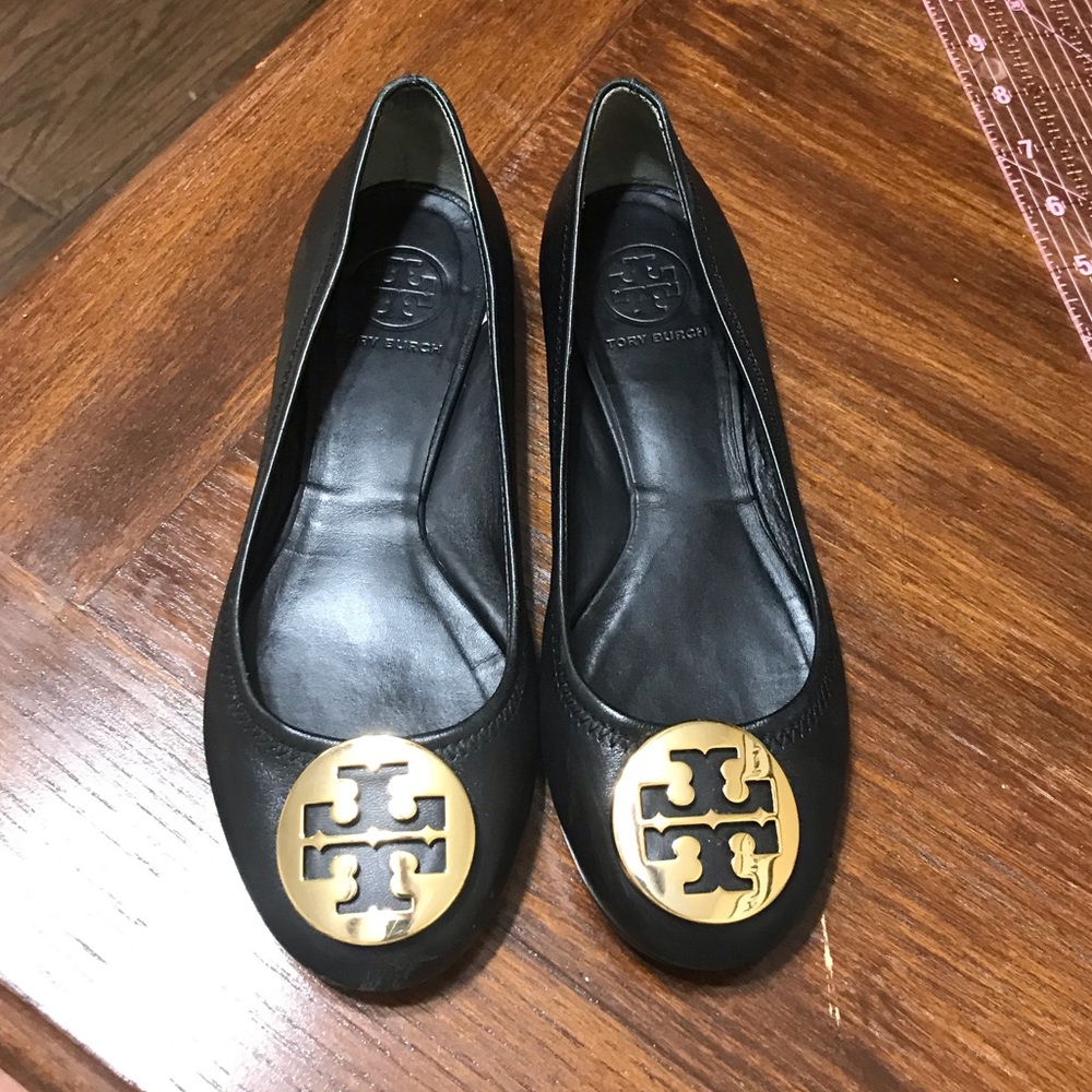 Tory Burch Black Flats with Gold Logo